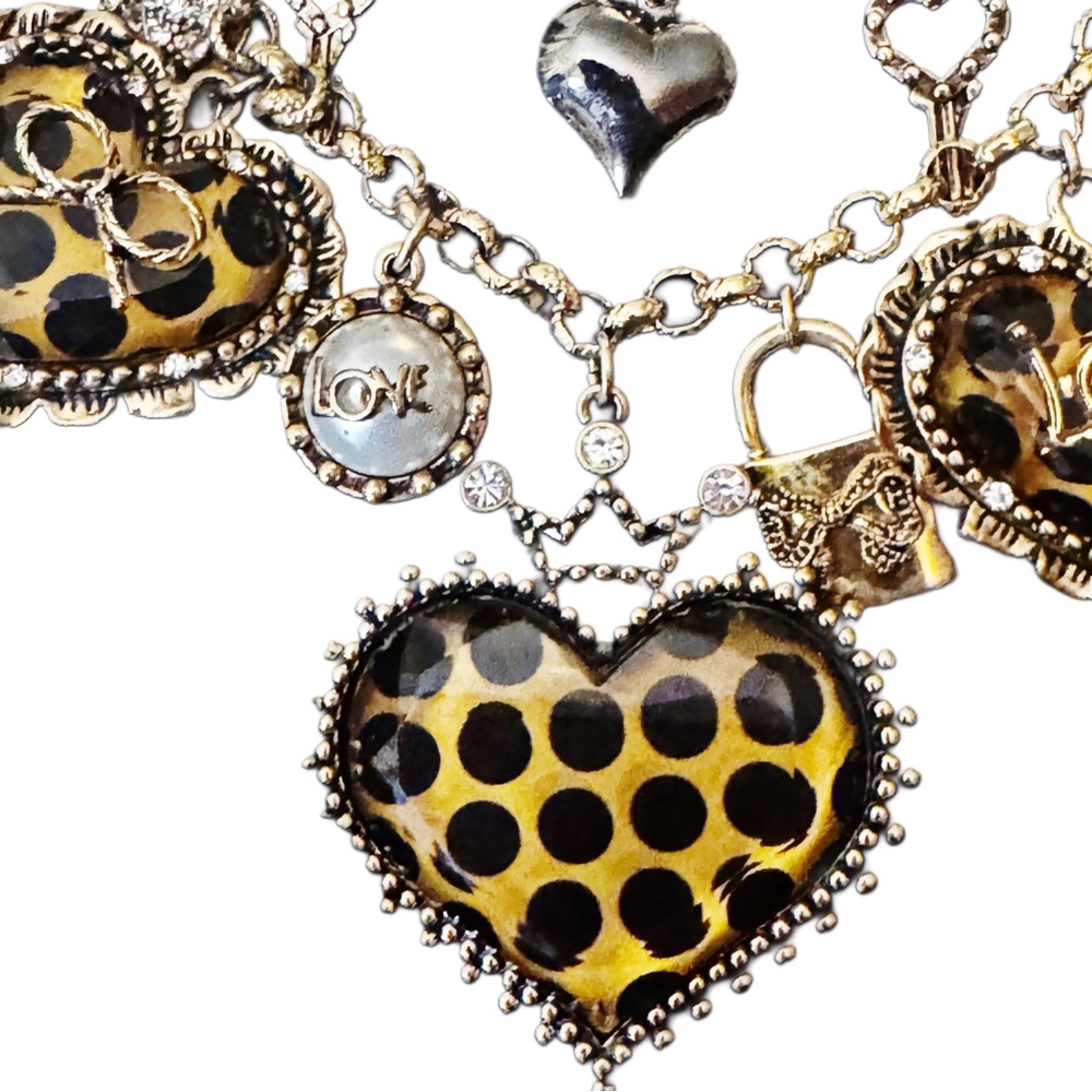 Vintage Betsey Johnson Lucite Heart & Locks Polka Dot Multi charm necklace - Picture 4 of 12